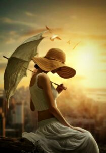 Colour image of a young woman sitting on a rooftop with hat and parasol. Sadness and loneliness.