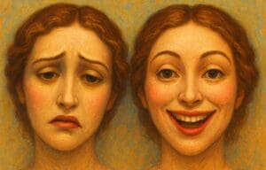Imagen con dos caras de una mujer, una de ellas deprimida y la otra alegre.