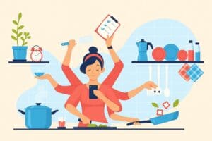 Imagen de una mujer haciendo varias tareas al mismo tiempo