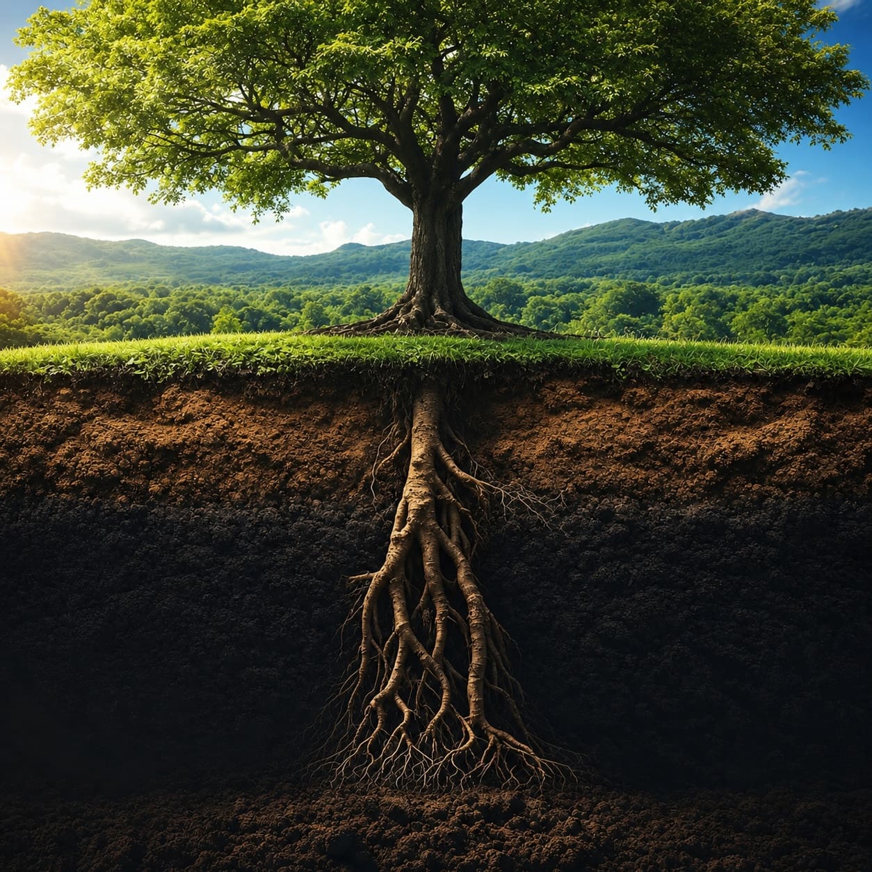 Imagen de árbol con raíces a la vista asociado al equilibrio entre baja y exceso de autoestima
